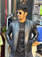 Men Embossed Zip up Leather Jacket